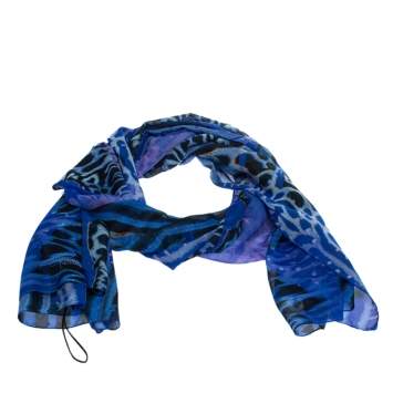 Pre Owned Roberto Cavalli Blue Animal Printed Silk Scarf