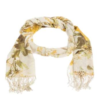 Pre Owned Roberto Cavalli Yellow Floral Foil Print Fringed Cashmere & Silk Scarf