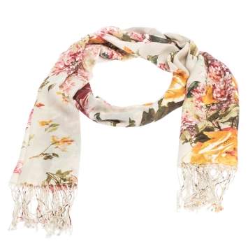 Pre Owned Roberto Cavalli Cream Floral Print Fringed Cashmere & Silk Scarf