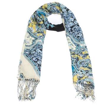Pre Owned Roberto Cavalli Blue Floral Printed Cashmere Blend Fringed Scarf