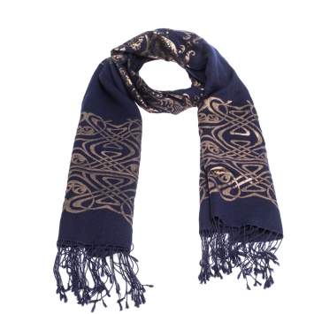 Pre Owned Roberto Cavalli Navy Blue Oriental Foil Print Cashmere Blend Shawl 