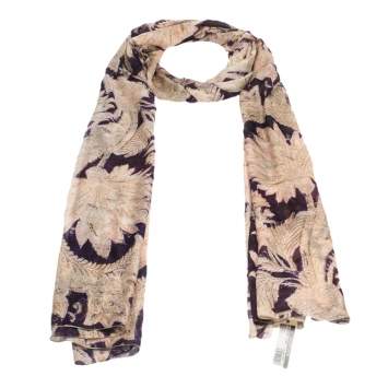 Pre Owned Roberto Cavalli Purple & Cream Damask Foil Print Silk Scarf