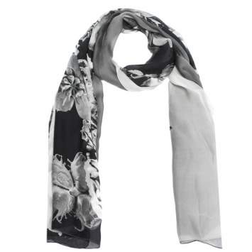 Pre Owned Roberto Cavalli Monochrome Floral Print Silk Scarf 