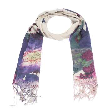 Pre Owned Roberto Cavalli Mauve Floral Print Cashmere Blend Fringed Scarf