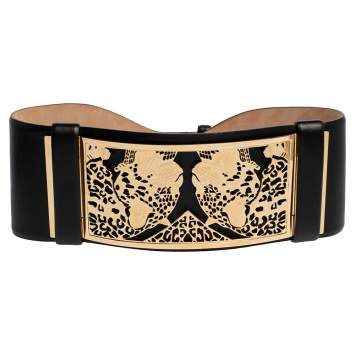 Pre Owned Roberto Cavalli Black Leather Tiger Metal Plague Waist Belt 75CM