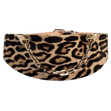 Pre Owned Roberto Cavalli Brown Leopard Print Calfhair Snake Head Chain Waist Belt 80CM
