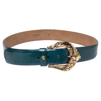 Pre Owned Roberto Cavalli Dark Teal Patent Leather Buckle Belt 95CM