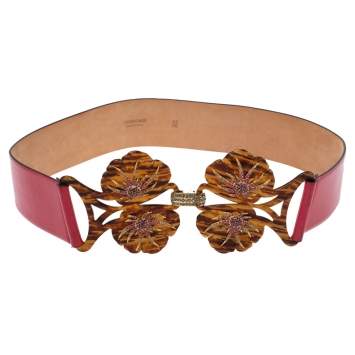 Pre Owned Roberto Cavalli Pink Floral Cut Out Patent Leather Crystal Embellished Buckle Belt 90CM