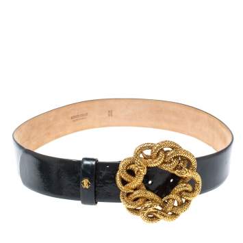 Pre Owned Roberto Cavalli Dark Green Patent Leather Snake Buckle Belt Size 85
