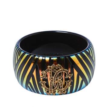Pre Owned Roberto Cavalli Black& Metallic Striped Crystal Logo Wide Bangle Bracelet
