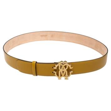 Pre Owned Roberto Cavalli Yellow Leather Logo Buckle Belt 100 CM