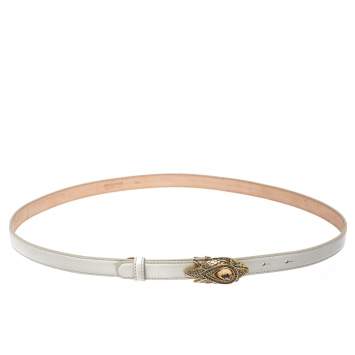 Pre Owned Roberto Cavalli White Leather Crystal Embellished Serpent Narrow Belt 100CM