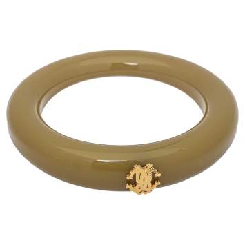 Pre Owned Roberto Cavalli Green Resin Gold Tone Logo Bangle Bracelet