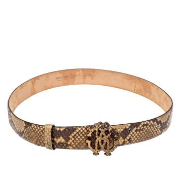 Pre Owned Roberto Cavalli Beige/Black Python RC Logo Buckle Belt 75CM