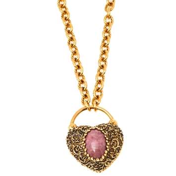 Pre Owned Roberto Cavalli Gold Tone Pink Stone Heart Pendant Necklace