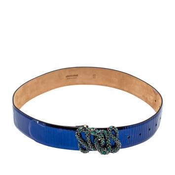 Pre Owned Roberto Cavalli Metallic Blue Leather Serpenti Buckle Belt 85CM