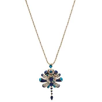Pre Owned Roberto Cavalli Blue Floral Crystal Pendant Chain Necklace