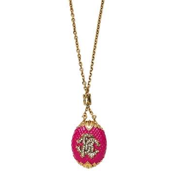 Pre Owned Roberto Cavalli Pink Enamel Crystal Logo Pendant Necklace