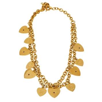Pre Owned Roberto Cavalli Gold Tone Multi Heart Charm Double Layered Necklace 