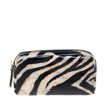Pre Owned Roberto Cavalli  Black/Beige Zebra Print Patent Leather Cosmetic Pouch