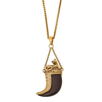 Pre Owned Roberto Cavalli Brown Leather Tooth Gold Tone Pendant Necklace