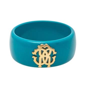 Pre Owned Roberto Cavalli Teal Blue Logo Wide Bangle Bracelet