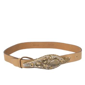 Pre Owned Roberto Cavalli Light Brown Leather Snake Head Crystal Embellished Buckle Waist Belt 80CM