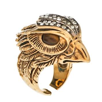 Pre Owned Roberto Cavalli Crystal Gold Tone Crystal Eagle Head Cocktail Ring Size EU 54