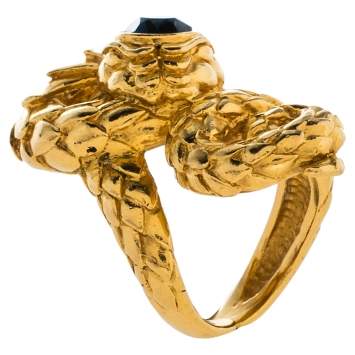 Pre Owned Roberto Cavalli Crystal Snake Gold Tone Adjustable Cocktail Ring Size 49