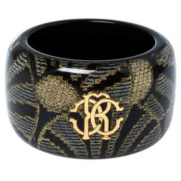 Pre Owned Roberto Cavalli Black/Gold Resin Gold Tone Wide Bangle Bracelet
