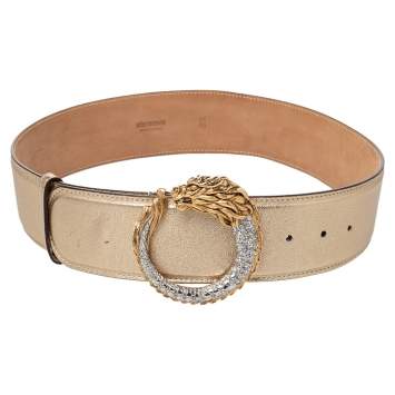 Pre Owned Roberto Cavalli Gold Leather Dragon Buckle Belt 80CM
