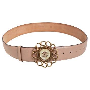 Pre Owned Roberto Cavalli Metallic Beige Leather MOP Chain Buckle Belt 95CM