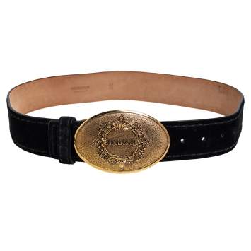 Pre Owned Roberto Cavalli Black Suede Plaque Buckle Belt 85CM