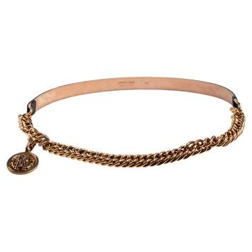 Pre Owned Roberto Cavalli Black Leather and Chain Leather Slim Belt 80 CM