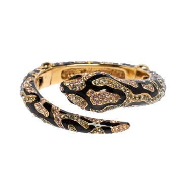 Pre Owned Roberto Cavalli Snake Head Crystal Enamel Gold Tone Open Cuff Bracelet