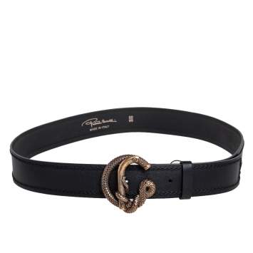 Pre Owned Roberto Cavalli Black Leather Snake Buckle Belt 95 CM