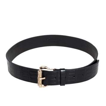 Pre Owned Roberto Cavalli Black Croc Embossed Leather Buckle Belt 105 CM