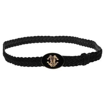 Pre Owned Roberto Cavalli Black Suede and Leather Braided Logo Oval Buckle Belt 