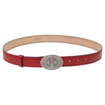 Pre Owned Roberto Cavalli Red Leather Logo Oval Buckle Belt 95CM