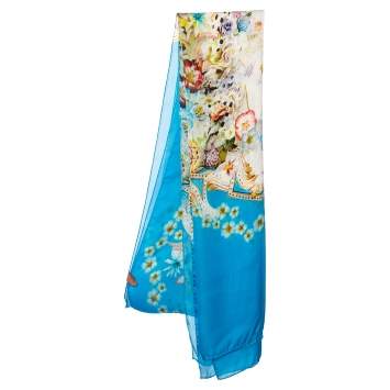 Pre Owned Roberto Cavalli Blue Floral Printed Silk Stole
