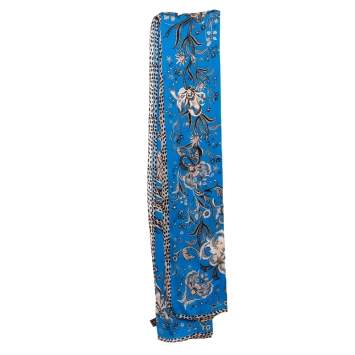 Pre Owned Roberto Cavalli Blue Floral Logo Print Silk Scarf