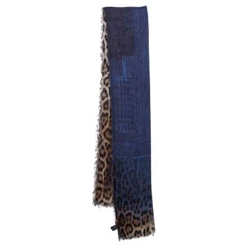 Pre Owned Roberto Cavalli Blue Leopard Print Modal And Cashmere Scarf