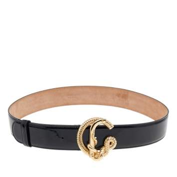 Pre Owned Roberto Cavalli Black Patent Leather Snake Buckle Belt 80CM
