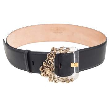 Pre Owned Roberto Cavalli Black Leather Floral Embellished Buckle Belt 85 CM