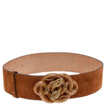 Pre Owned Roberto Cavalli Brown Suede Serpent Buckle Belt 85 CM
