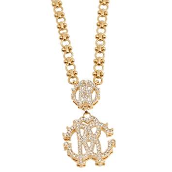 Pre Owned Roberto Cavalli Gold Tone Crystal Logo Pendant Necklace