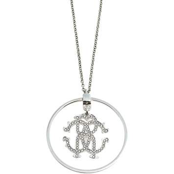 Pre Owned Roberto Cavalli Silver Tone Crystal Logo Pendant Necklace