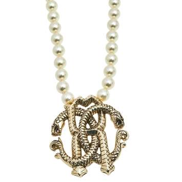 Pre Owned Roberto Cavalli Faux Pearls Gold Tone Metal Long Necklace