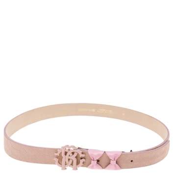 Pre Owned Roberto Cavalli Pink Python Embossed Nubuck Leather Logo Buckle Belt M