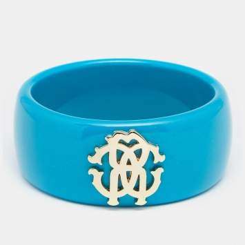 Pre Owned Roberto Cavalli Teal Blue Logo Wide Bangle Bracelet